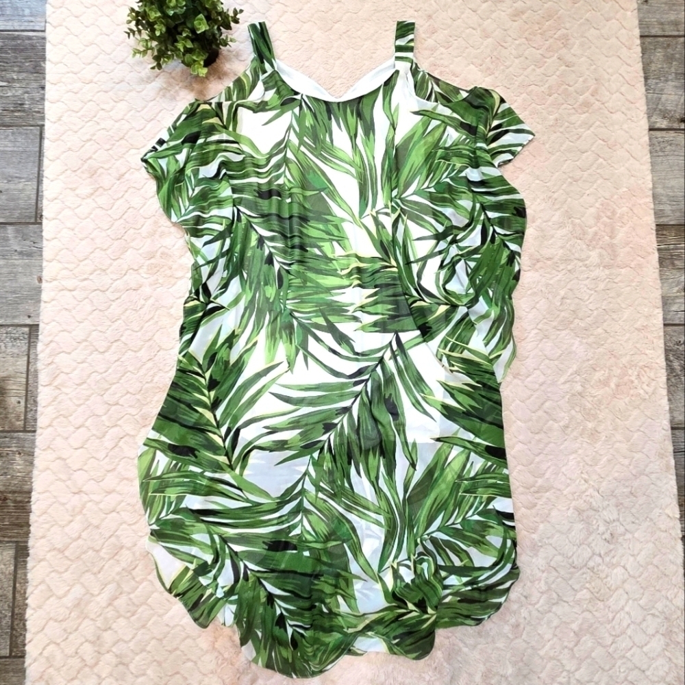 Green Tropical Leaf Cold-Shoulder Women's Dress